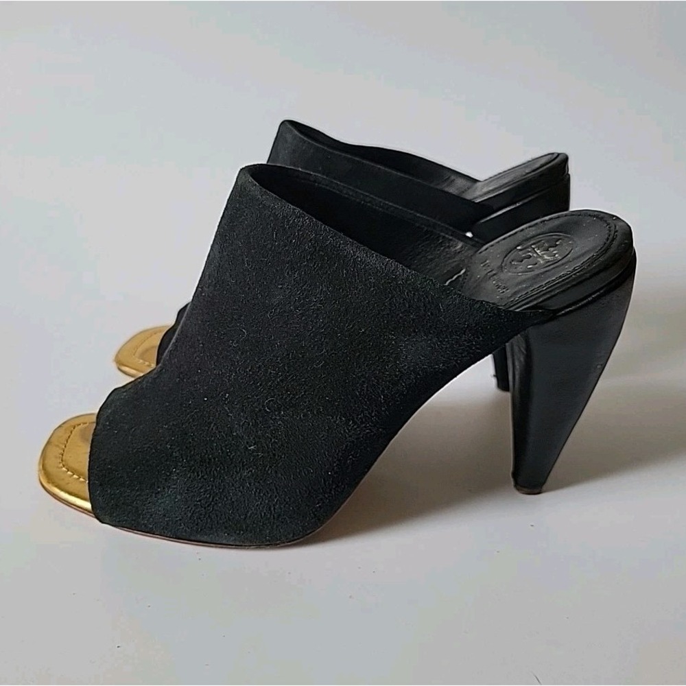 Tory Burch Ellis Open Toe Mules 7.5M Genuine Suede Chambray‎ Designer Preppy - Picture 4 of 14